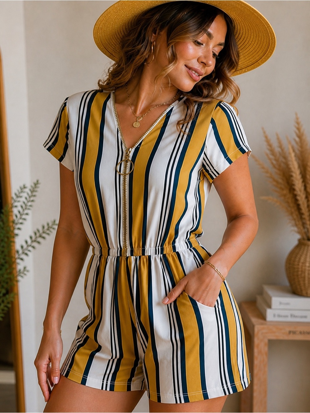 🔥5/$30🔥 Mustard Yellow Striped V Neck Zip Up Romper | J for Justify | Size Small